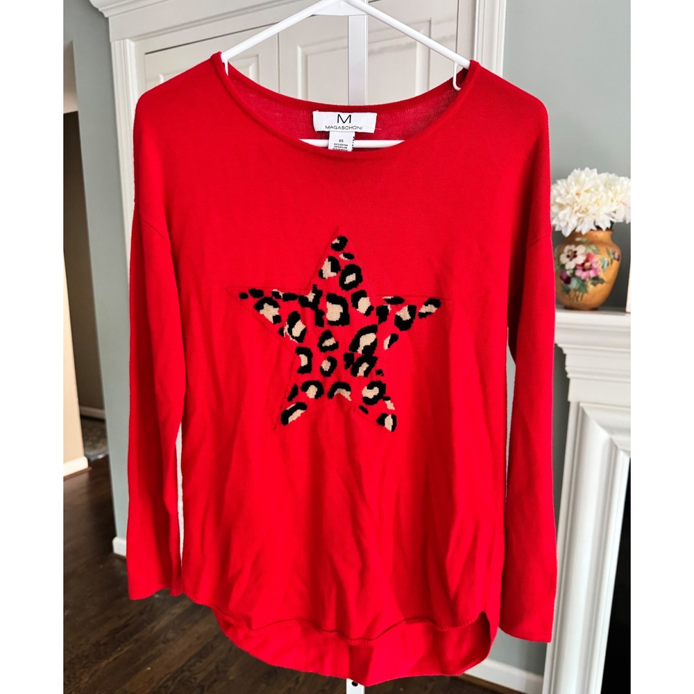Magaschoni Red Leopard Star Cashmere Blend Sweater Womens XS High Low‎ Crew Neck